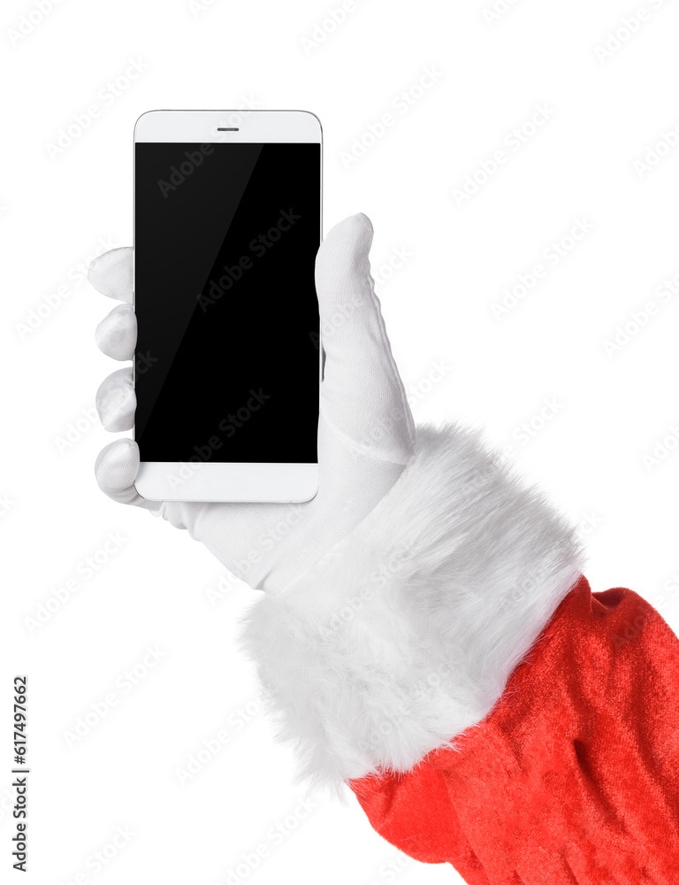 Santa holding smartphone with black blank screen in hand isolated on ...