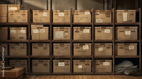 Organized Storage Unit Filled with Labeled Boxes made with Generative AI