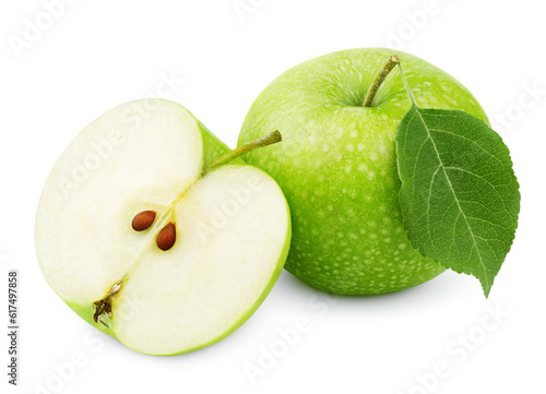 Whole ripe green apple with leaf and half isolated on white background with clipping path