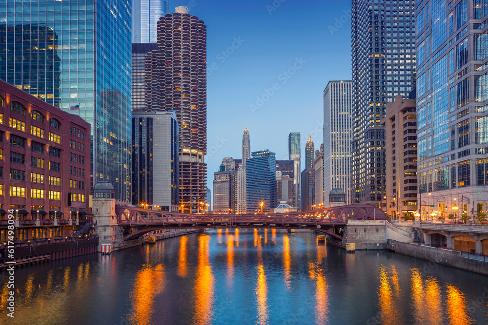 Fototapeta premium Cityscape image of Chicago downtown during twilight blue hour.