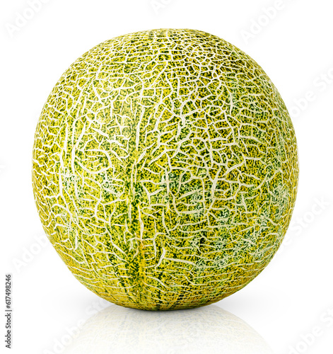 Single ripe green yellow melon isolated on white background with clipping path