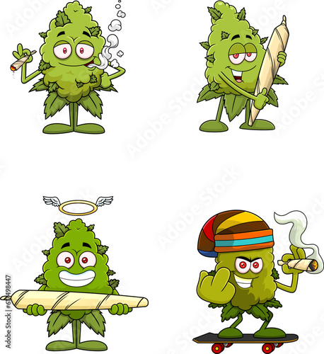 Funny Marijuana Bud Cartoon Characters. Vector Hand Drawn Collection Set Isolated On Transparent Background