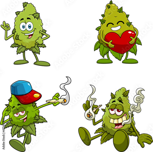 Funny Marijuana Bud Cartoon Characters. Vector Hand Drawn Collection Set Isolated On Transparent Background