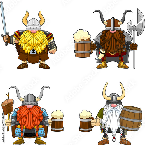 Gnome Viking Warrior Cartoon Characters. Vector Hand Drawn Illustration Isolated On Transparent Background