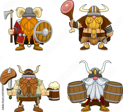 Gnome Viking Warrior Cartoon Characters. Vector Hand Drawn Collection Set Isolated On White Background