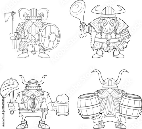 Outlined Gnome Viking Warrior Cartoon Characters. Vector Hand Drawn Collection Set Isolated On White Background