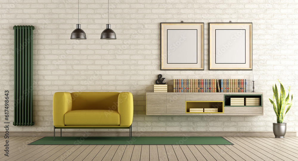 Fototapeta premium Modern living room with yellow armchair and sideboard on brick wall - 3d rendering