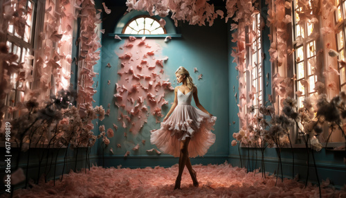 Beautiful ballerina standing in a mystical room filled with pink flowers on a green wall. Generative AI illustrations