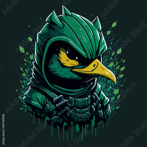 green evil duck ninja Head vector illustration for t shirt design, banner, poster, sticker