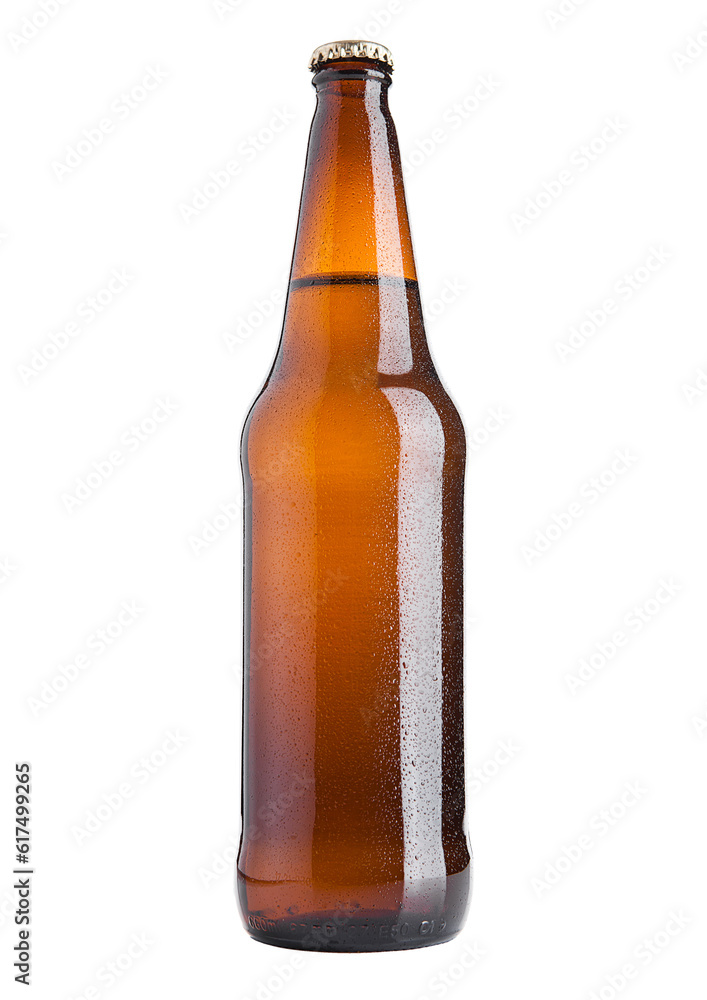 Brown beer bottle cold with frost on white background isolated Brown beer bottle cold with frost on white background isolated