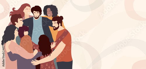 Group people in circle from diverse cultures hugging each other.Teamwork cooperation.Community of friends or volunteers committed to social issues for peace and the environment. Banner