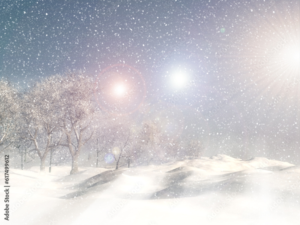 3D render of a snowy winter landscape