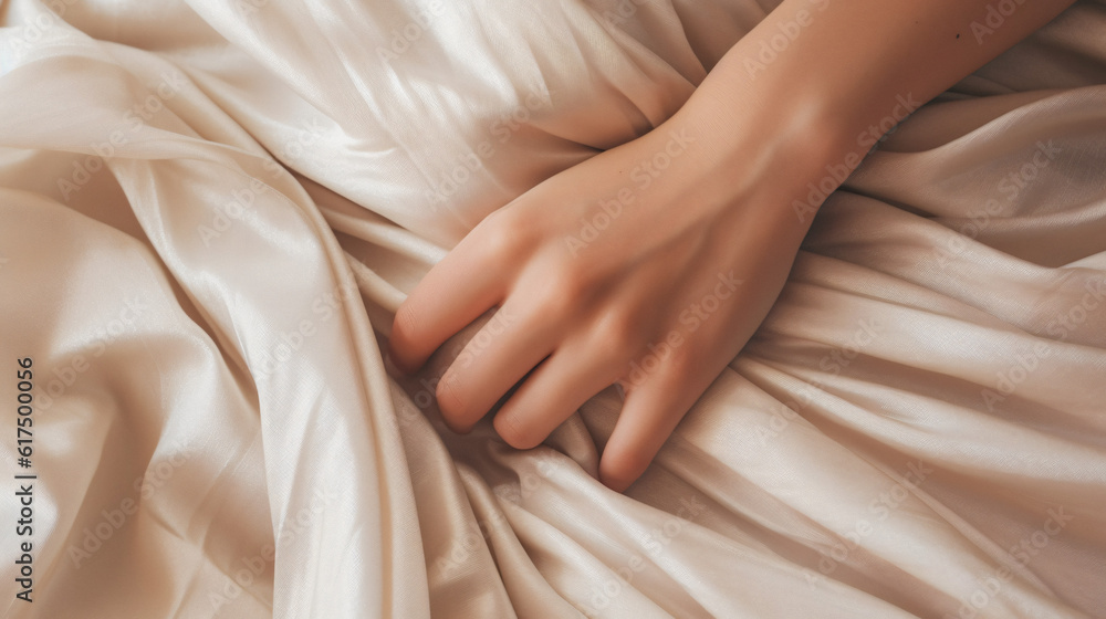 Close up woman hands grasping the blanket in the moment of pleasure. Ecstasy, Creator concept - obrazy, fototapety, plakaty 