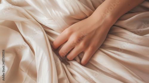 Close up woman hands grasping the blanket in the moment of pleasure. Ecstasy, Creator concept