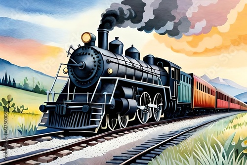 Canvas Print Watercolor Steam engine train background Generative AI
