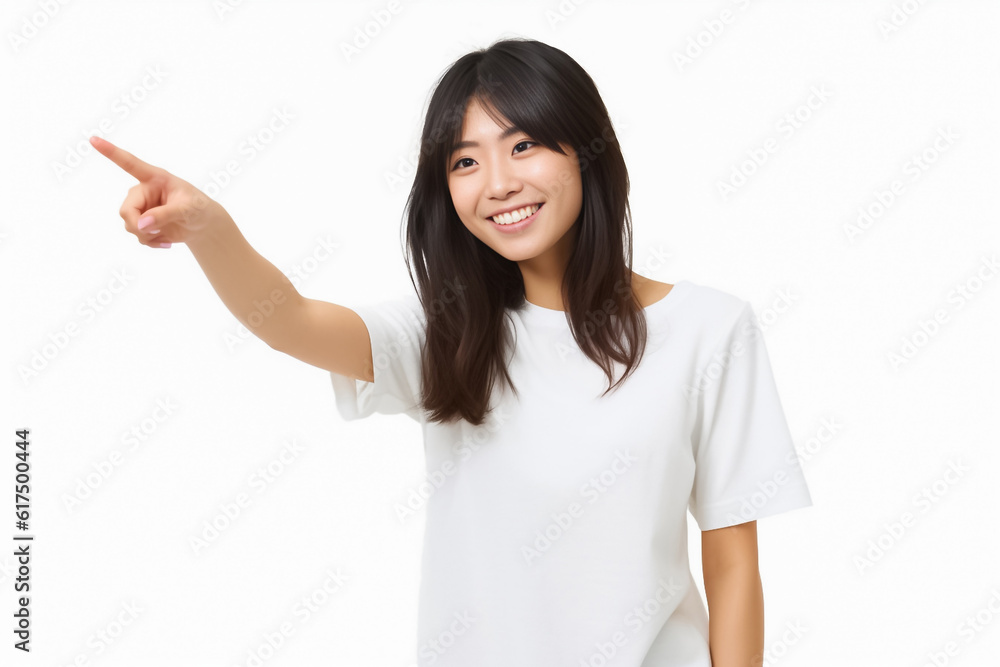 Pointing finger of an Asian girl highlights vacant space on a white background, making it a prime choice for a promotional advertising banner. Generative AI. Pointing finger of an Asian girl highlights vacant space on a white background, making it a prime choice for a promotional advertising banner. Generative AI.
