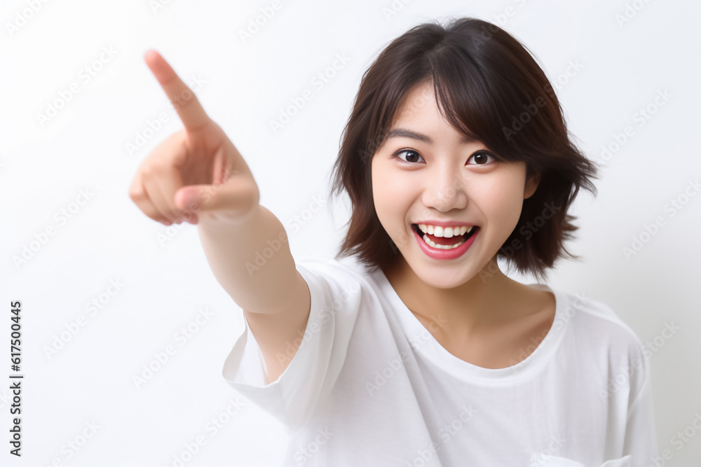 Pointing finger of an Asian girl highlights vacant space on a white background, making it a prime choice for a promotional advertising banner. Generative AI. Pointing finger of an Asian girl highlights vacant space on a white background, making it a prime choice for a promotional advertising banner. Generative AI.