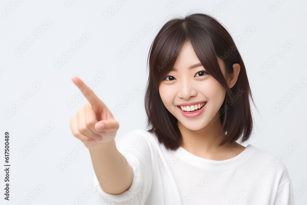 Pointing finger of an Asian girl highlights vacant space on a white background, making it a prime choice for a promotional advertising banner. Generative AI. Pointing finger of an Asian girl highlights vacant space on a white background, making it a prime choice for a promotional advertising banner. Generative AI.