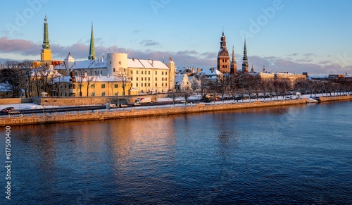 Panorama of old Riga in the evening. Winter view.