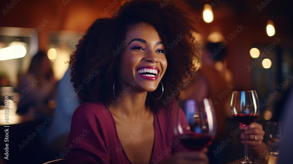 Happy african american woman drinking red wine at bar restaurant - Multiracial friends having fun celebrating at dinner time toasting drinks - Friendship - obrazy, fototapety, plakaty 