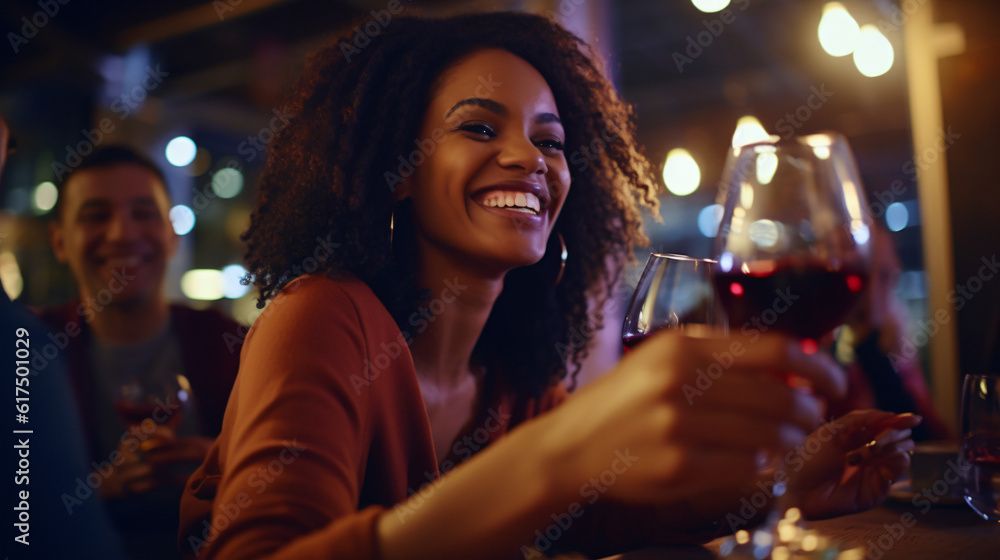 Happy african american woman drinking red wine at bar restaurant - Multiracial friends having fun celebrating at dinner time toasting drinks - Friendship