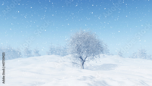 3D render of a winter landscape with snowy tree