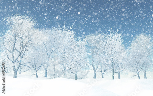 3D winter landscape with trees and snow
