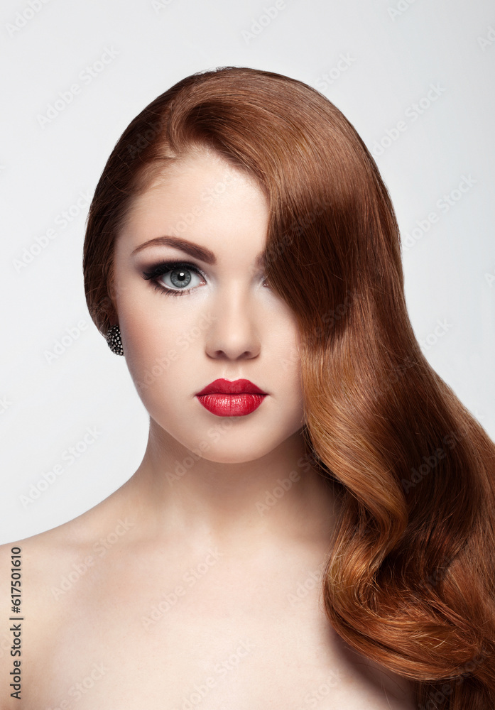 Obraz premium Ginger red long hair.Fashion portrait red lips on white background