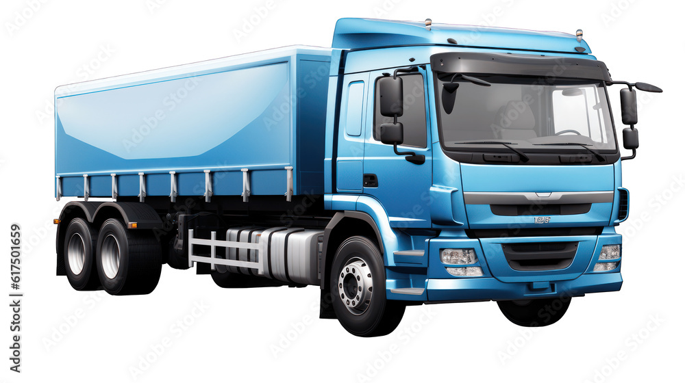 Blue cargo truck isolated on  white transparent background png cutout