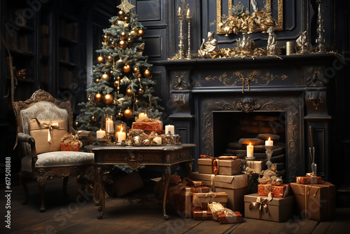 Christmas tree and craft gift boxes with bows in antique interior. Generative AI