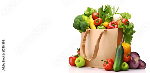 Eco bag with vegetables and fruits on a white background  banner  Generative AI