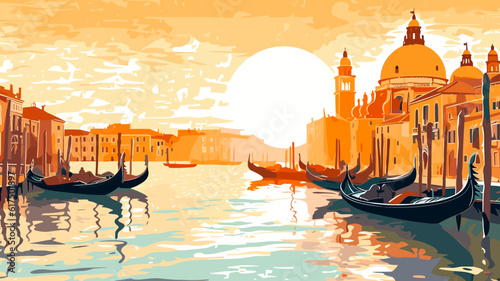 Vector illustration. View of the canals in Venice with buildings and churches on the riverbanks. Gondolas are floating in the water. Travel destination, city trip. Italy