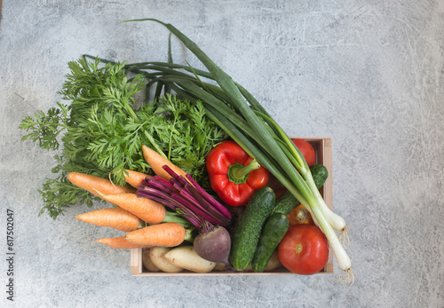 fresh vegetables: carrots, potatoes, beets, cucumbers, tomatoes, green onions, peppers