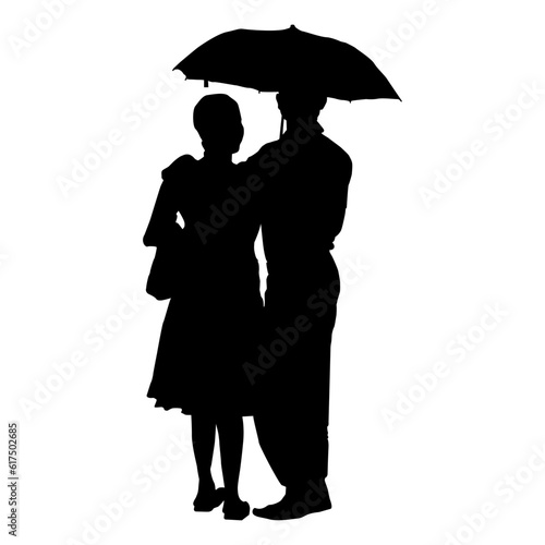 Vector silhouette of family with umbrella on white background. Symbol of protection. Vector illustration