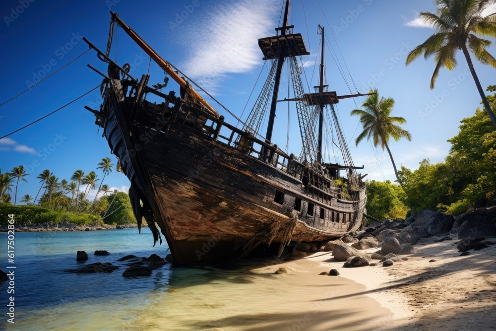Nautical remnants in paradise: An intriguing sight of an old pirate shipwreck resting in shallow waters, embraced by palm trees and white sand. A captivating blend of maritime history Generative AI Nautical remnants in paradise: An intriguing sight of an old pirate shipwreck resting in shallow waters, embraced by palm trees and white sand. A captivating blend of maritime history Generative AI