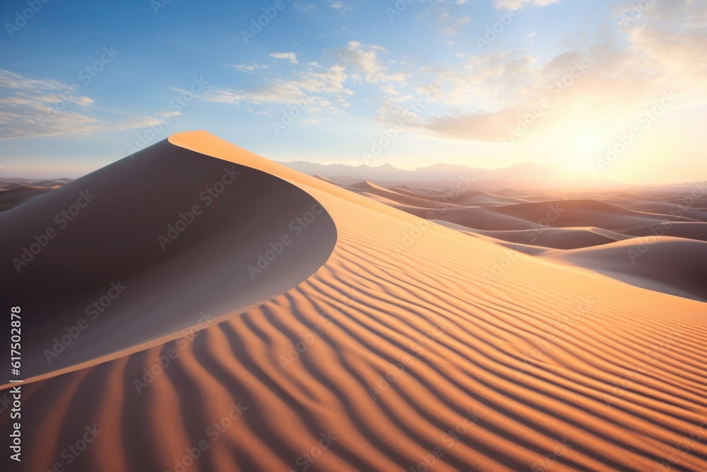 Wind-swept Sand Dunes: Endless sand dunes with wind shaping intricate patterns, under a blazing sun. Generative AI