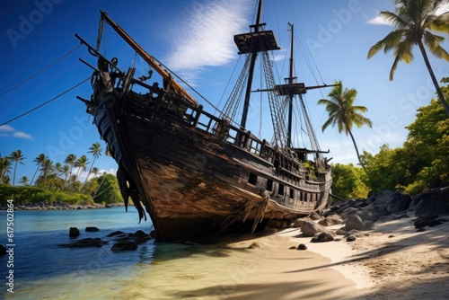 Nautical remnants in paradise: An intriguing sight of an old pirate shipwreck resting in shallow waters, embraced by palm trees and white sand. A captivating blend of maritime history Generative AI
