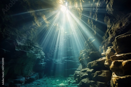 Underwater Cave with Sunlight Streaming Through: An underwater cave with rays of sunlight piercing through the water's surface. Generative AI