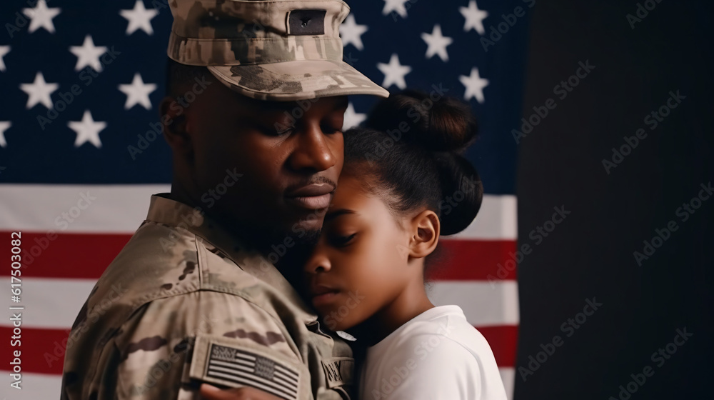 Happy african american father wearing military uniform and his daughter embracing, holding usa flag - obrazy, fototapety, plakaty 