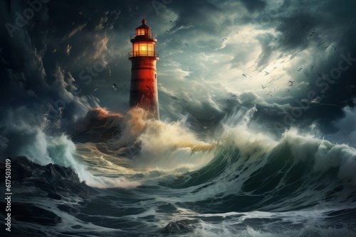 Lonely Lighthouse in Stormy Seas: A lone lighthouse standing defiantly against crashing waves during a storm. Generative AI