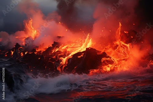 Lava Meeting Ocean: Molten lava flowing into the ocean, with steam and smoke rising where they meet. Generative AI