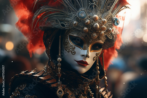 Young beautiful woman in beautiful venecian mask. Beautiful venecian mask. Venice. Carnival. Generative Ai