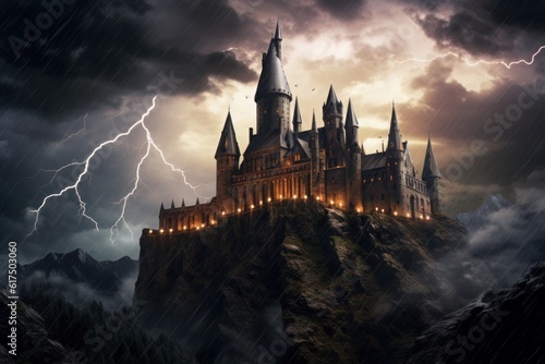 Gothic Castle in Thunderstorm: A dark castle on a cliff with lightning striking behind its towering spires. Generative AI