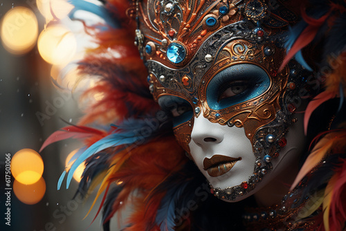 Young beautiful woman in beautiful venecian mask. Beautiful venecian mask. Venice. Carnival. Generative Ai © Карина Терехова