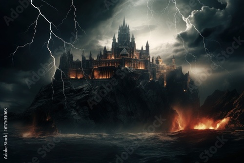 Gothic Castle in Thunderstorm  A dark castle on a cliff with lightning striking behind its towering spires. Generative AI