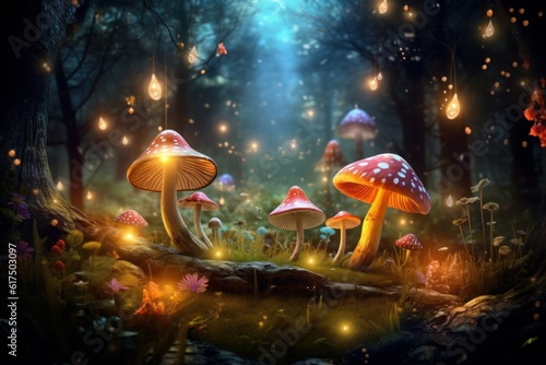 Enchanted Forest with Glowing Mushrooms: A magical night forest with glowing mushrooms and sparkling lights. Generative AI © Kishore Newton