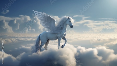 Fotografiet A white pegasus unicorn is perched on a cliff high above the clouds