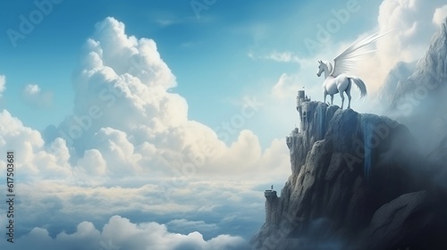 A white pegasus unicorn is perched on a cliff high above the clouds. Generative AI 