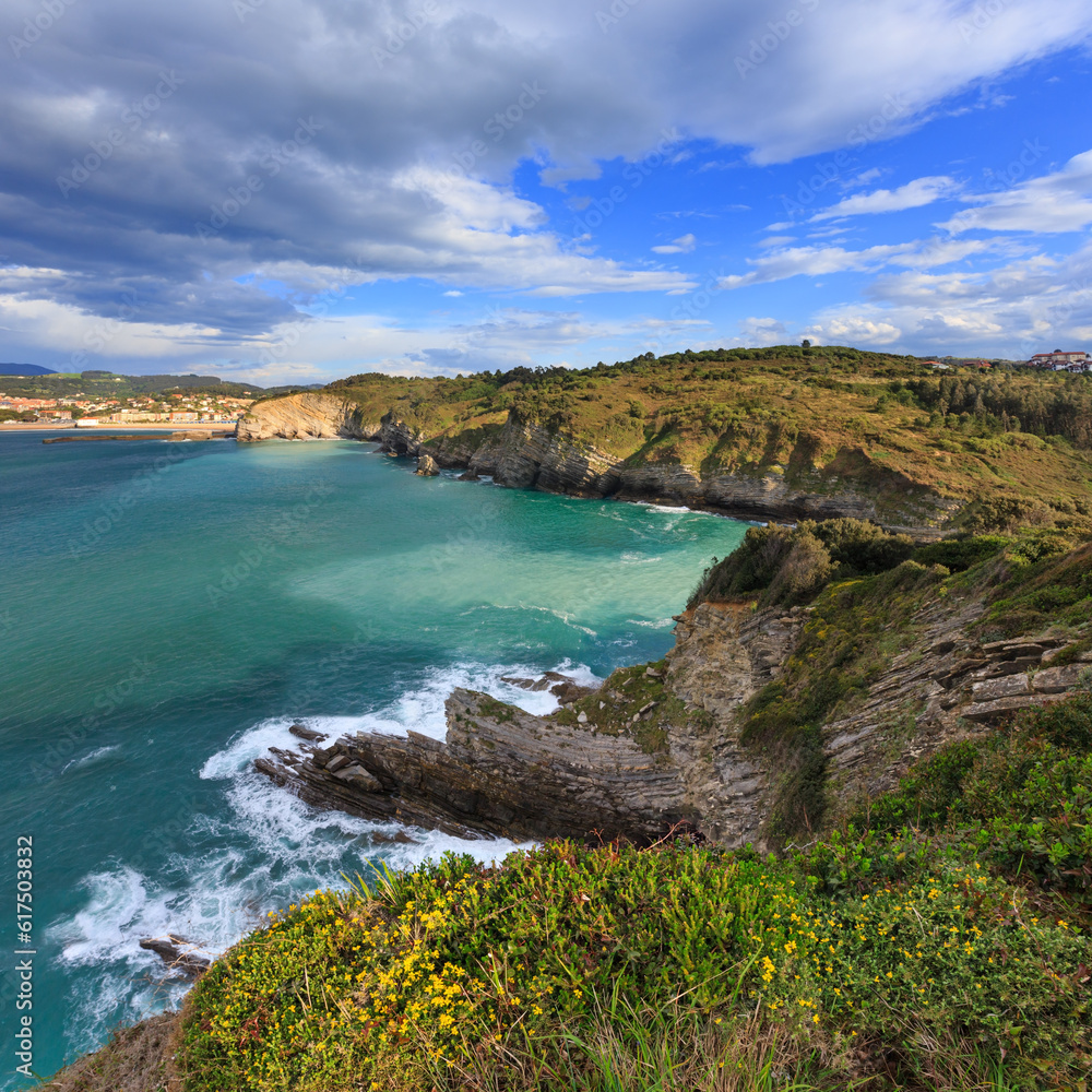 Summer ocean bay coastline view near Gorliz town, Biscay, Basque Country (Spain).