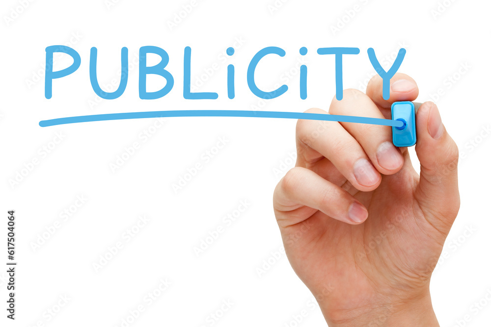 Hand writing the word Publicity with blue marker on transparent wipe board. Hand writing the word Publicity with blue marker on transparent wipe board.